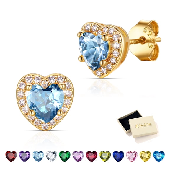 FindChic March Birthstone Earrings for Women 14K Gold Plated Heart Earrings with Sterling Silver Posts & Push Backs Cubic Zirconia Nickel Free Studs Birthday Mothers Day Jewelry Gifts for Mom/Her
