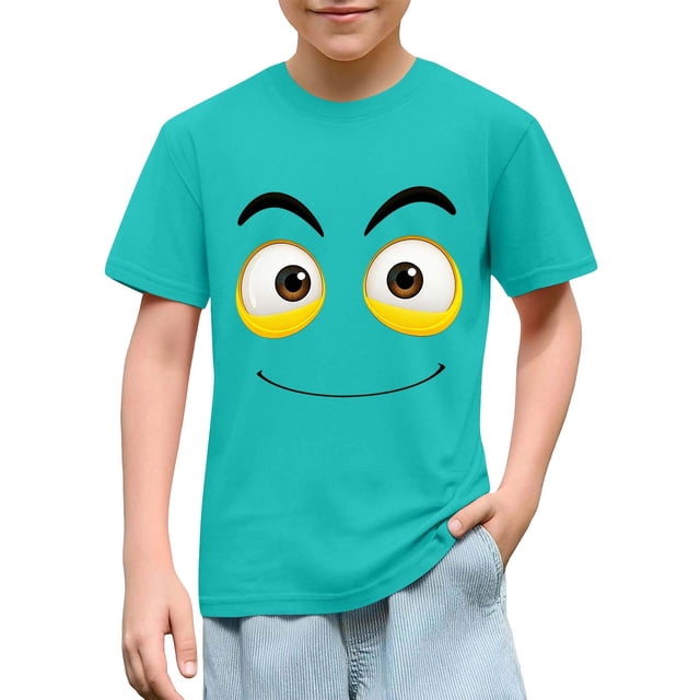 Blusas y camisas de manga corta con cuello redondo para niños y niñas, color liso, con estampado de expresión linda, manga corta, holgadas y cómodas, blusa para niña