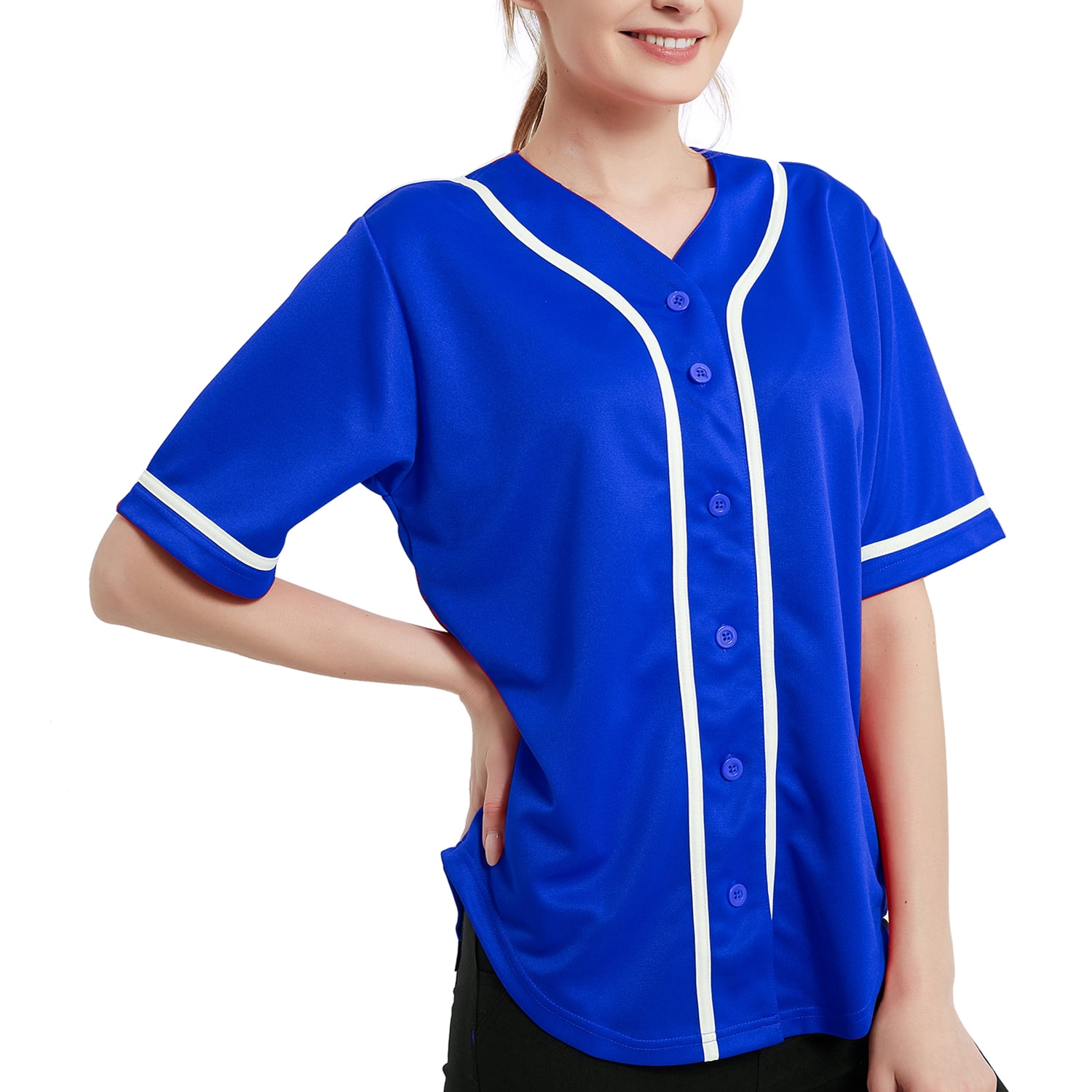 TOPTIE Women's Baseball Jersey Hip Hop Hipster Button Down Baseball T-Shirt-Blue White-M