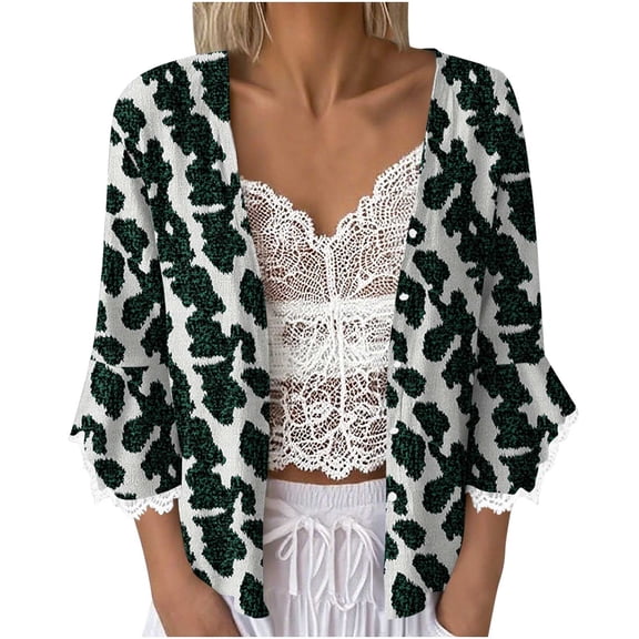 Hfnxid Women's Open Front Cropped Cardigan Lace 3/4 Sleeve Shawls Tops Lightweight Floral Printed Kimono Cardigans