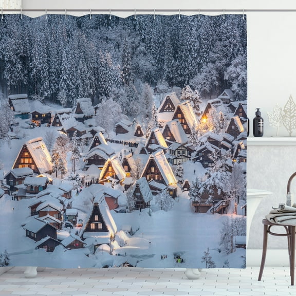 Ambesonne Winter Shower Curtain, Shirakawago Village, 69"Wx84"L, White Brown Black