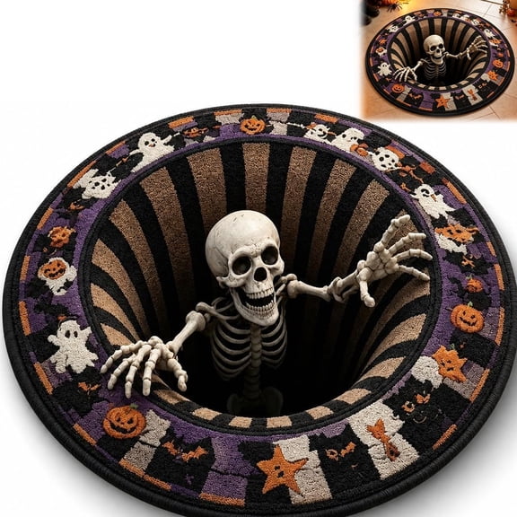 Halloween Rug Optical Illusion Skeleton Vortex Round Mat