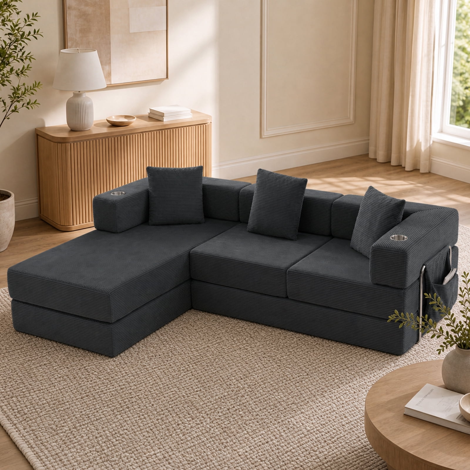Garitin Sectional Sofa and Modular L Shape Cloud Couch 108 Inch, Boneless Deep Seat Corduroy Living Room Furniture, Gray
