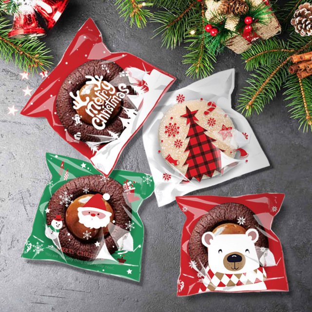 RV 400 Bolsa adhesiva autosellante para dulces, copos de nieve y árbol de Papá Noel, bolsa para galletas Kraft