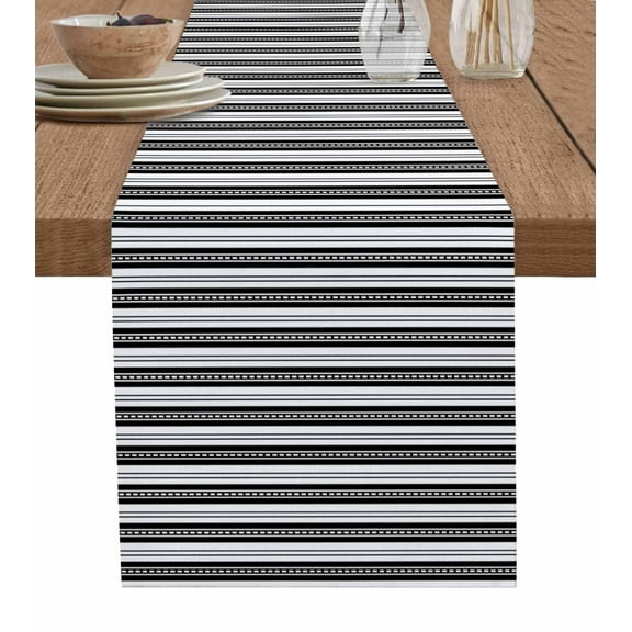 Boho Black Stripe Table Runner 48 Inches, Abstract Geometric White Minimalist Bed Runner Dresser Scarves Tabletop for Indoor Outdoor Parties/Ceremony/Banquet, 13" x 48"