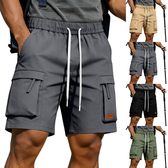 cllios Men's Hiking Shorts Drawstring Elastic Waist Zipper Pockets Outdoor Trekking Short Lightweight Cargo Shorts for Men Black L