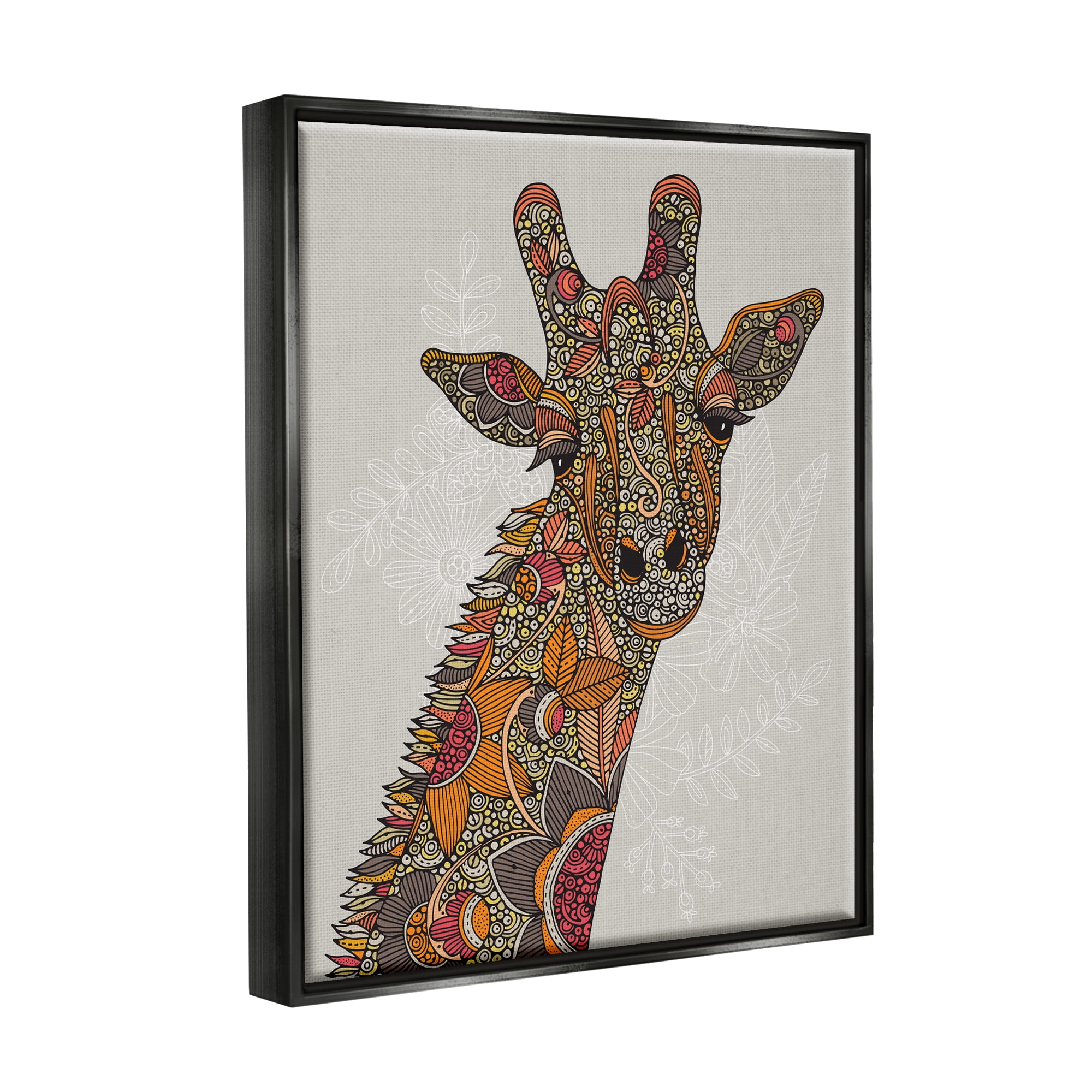 Stupell Industries Pleasant Giraffe Animal Intricate Floral Fractal Details Graphic Art Jet Black Floating Framed Canvas Print Wall Art, Design by Valentina Harper