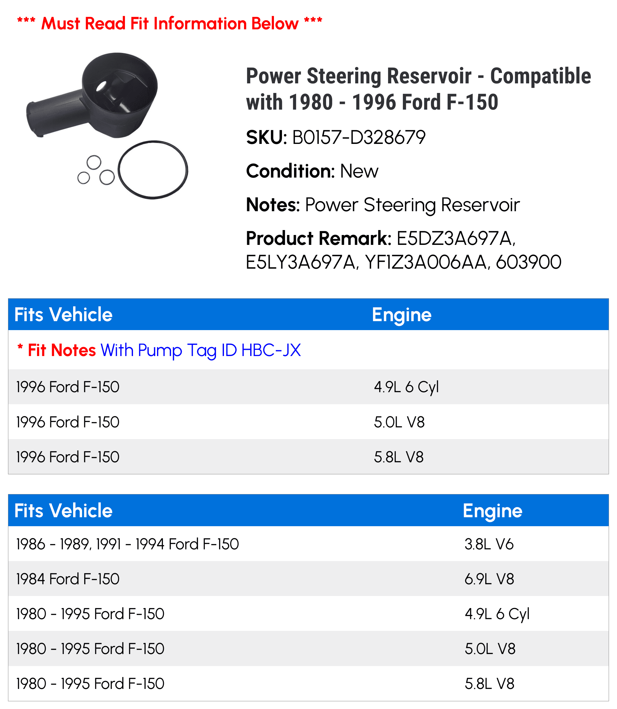Power Steering Reservoir - Compatible with 1980 - 1996 Ford F-150 1981 1982 1983 1984 1985 1986 1987 1988 1989 1990 1991 1992 1993 1994 1995