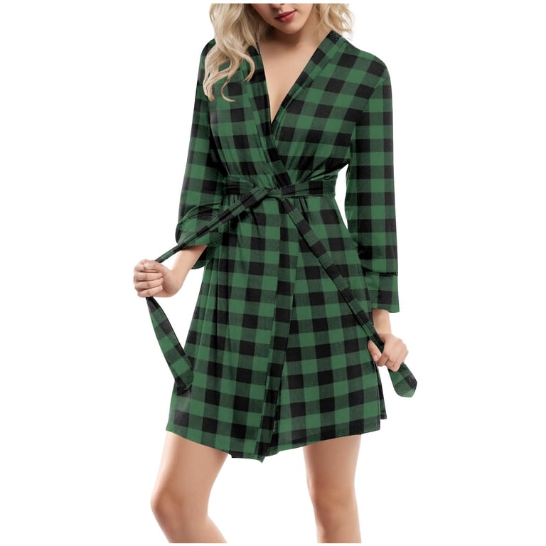 SYMOID Womens Green Buffalo Plaid Robe - Soft Poly-Cotton Blend, Wrap Style  Tie Waist, Long Sleeve Knee-Length for Loungewear/Bridesmaid/Post-Shower,  S-XXL,Size XL - Walmart.com