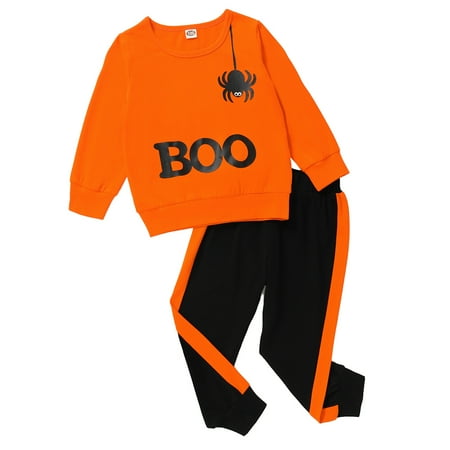 

OLLUISNEO 4-5T Toddler Baby Boys Pants Outfits Letter Print Round Neck Long Sleeve Top Elastic Pants 2 PCS Set Orange