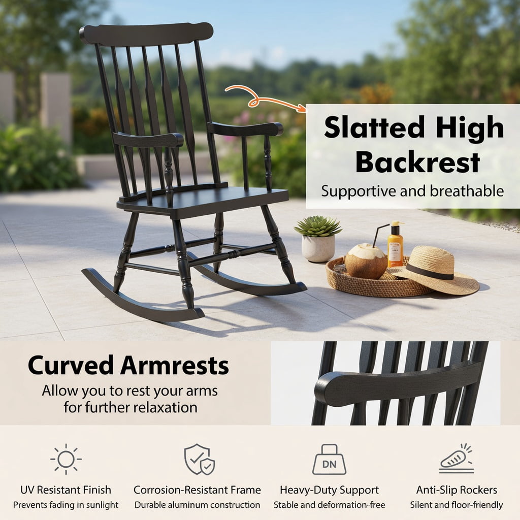 Hommoo Outdoor Rocking Chair, Solid Rubber Wood Patio Rocker with Slatted Backrest, Ergonomic Curved Armrests & High Back Support, Black