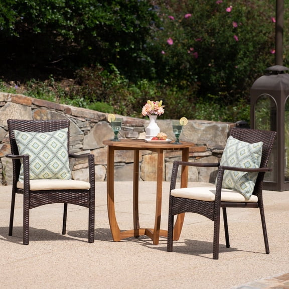 Outdoor 3 Piece Acacia Wood/ Wicker Bistro Set with Cushions, Teak,Brown,Crme