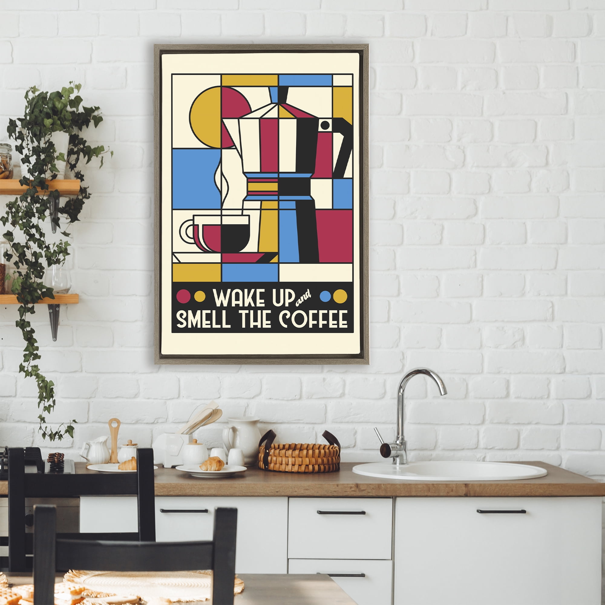 Stupell Industries Retro Wake Up & Smell Coffee Brown Framed Floater Canvas Wall Art, design by Tobe Fonseca