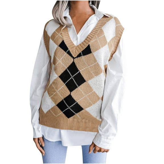 Women's Color Block Checkered Sleeveless Ribbed Knit Sweater Vest Casual Solid Color Loose Fit V-Neck Vest
