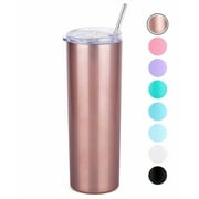 Straw Tumbler Skinny Travel Tumbler with Lid, Vacuum Insulated Double Wall Stainless Steel 20 oz for Coffee, Tea, Beverages, Rose Gold