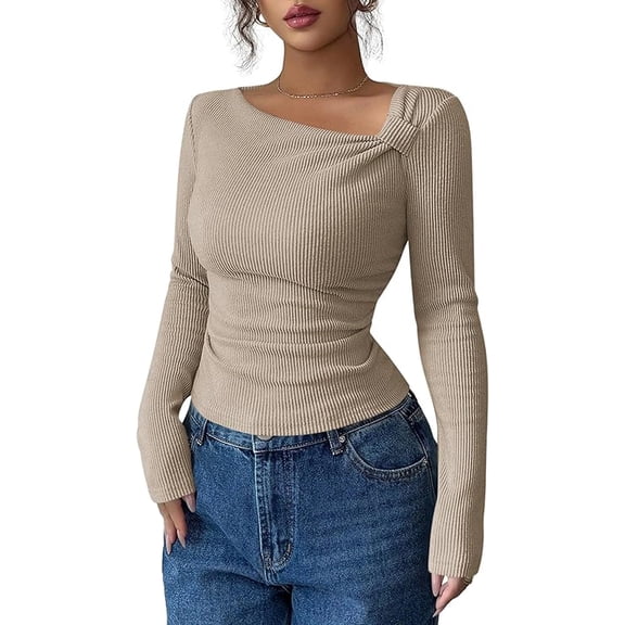 PRETTYGARDEN Womens Early Fall Fashion Long Sleeve T Shirts Asymmetrical Ribbed Fitted Trendy Going Out Tops Y2K Outfits