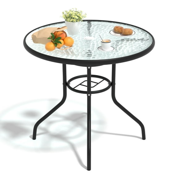 YRLLENSDAN Round Outdoor Table Patio Table Dining Table with Tempered Glass Outdoor Table with Umbrella Hole Patio Bistro Tables for Lawn Balcony Yard