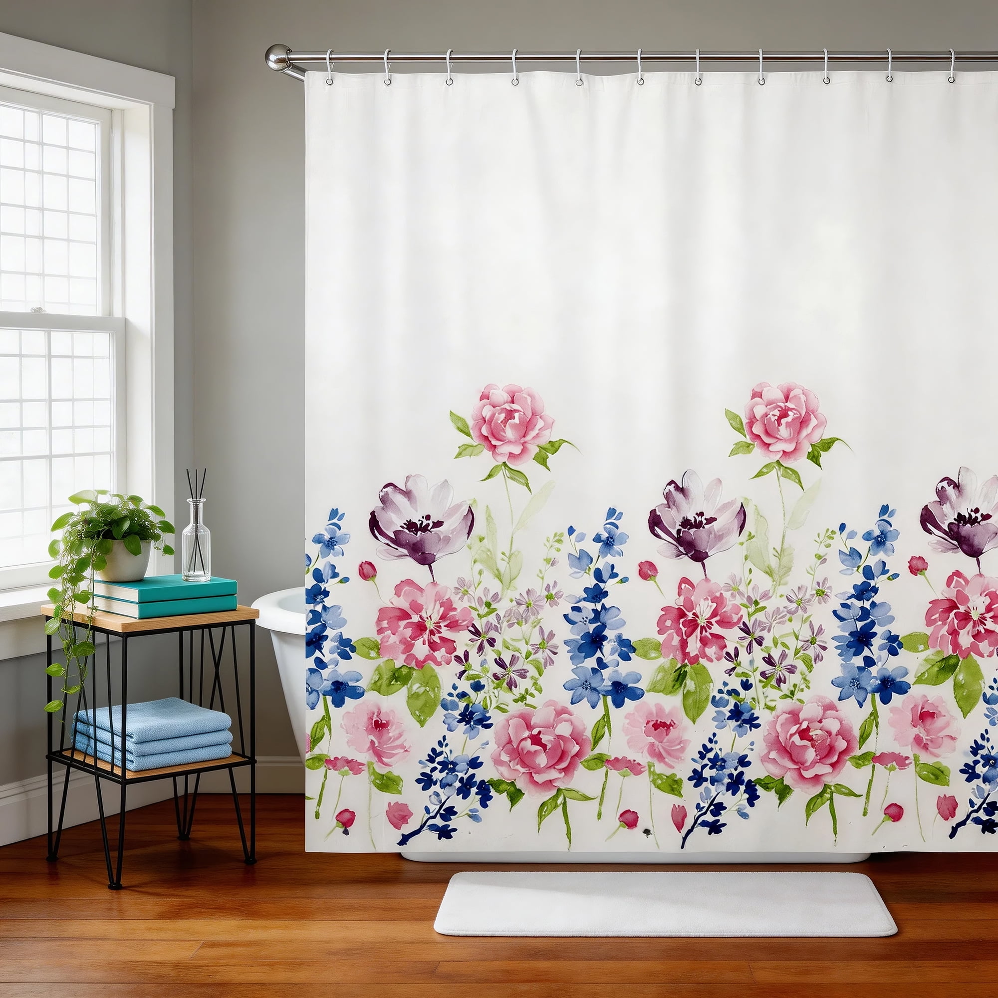 Unique Bargains Durable Waterproof Flower Pattern 70.87x70.87  Shower Curtain Set