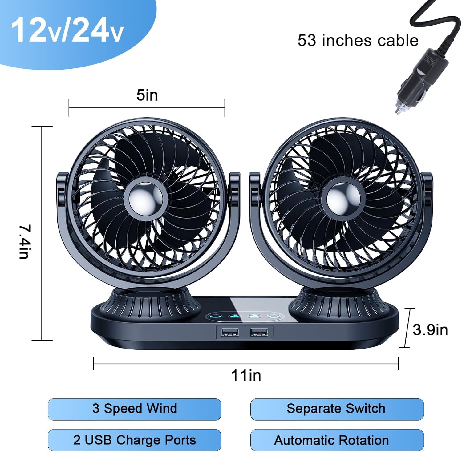 Car Cooling Fan, Dual Head Auto Oscillating Car Cooling Fan for Dashboard, DC 12V/24V Cigarette Lighter Powered 3 Speeds Vehicle Fan, Comes with 2 USB Charging Ports for Sedan Suv Rv Van Truck