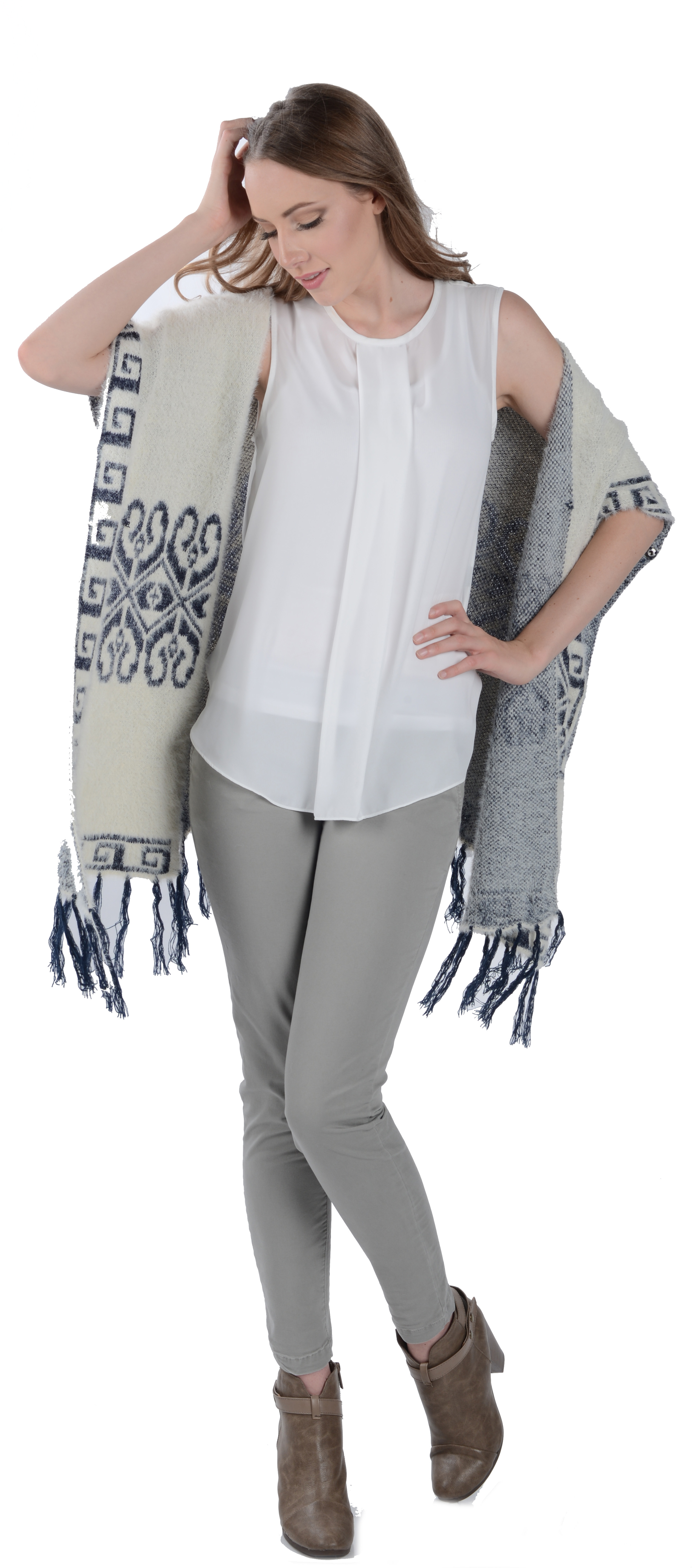 Women's Winter Knit Mayan Pattern Fringe Knit Poncho