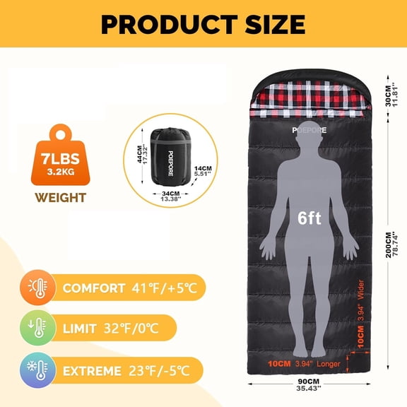 Flannel Sleeping Bag Cotton 0 Degree Cold Weather for Adults XXL Sleeping Bag 4 Season Big and Tall with Compression Sack - 32F Black