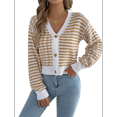 thumbnail image 3 of Womens Long Sleeve Striped Cardigan Sweaters Striped Cropped Button Fall Trendy Open Front Knit Sweater Coats Khaki M, 3 of 10