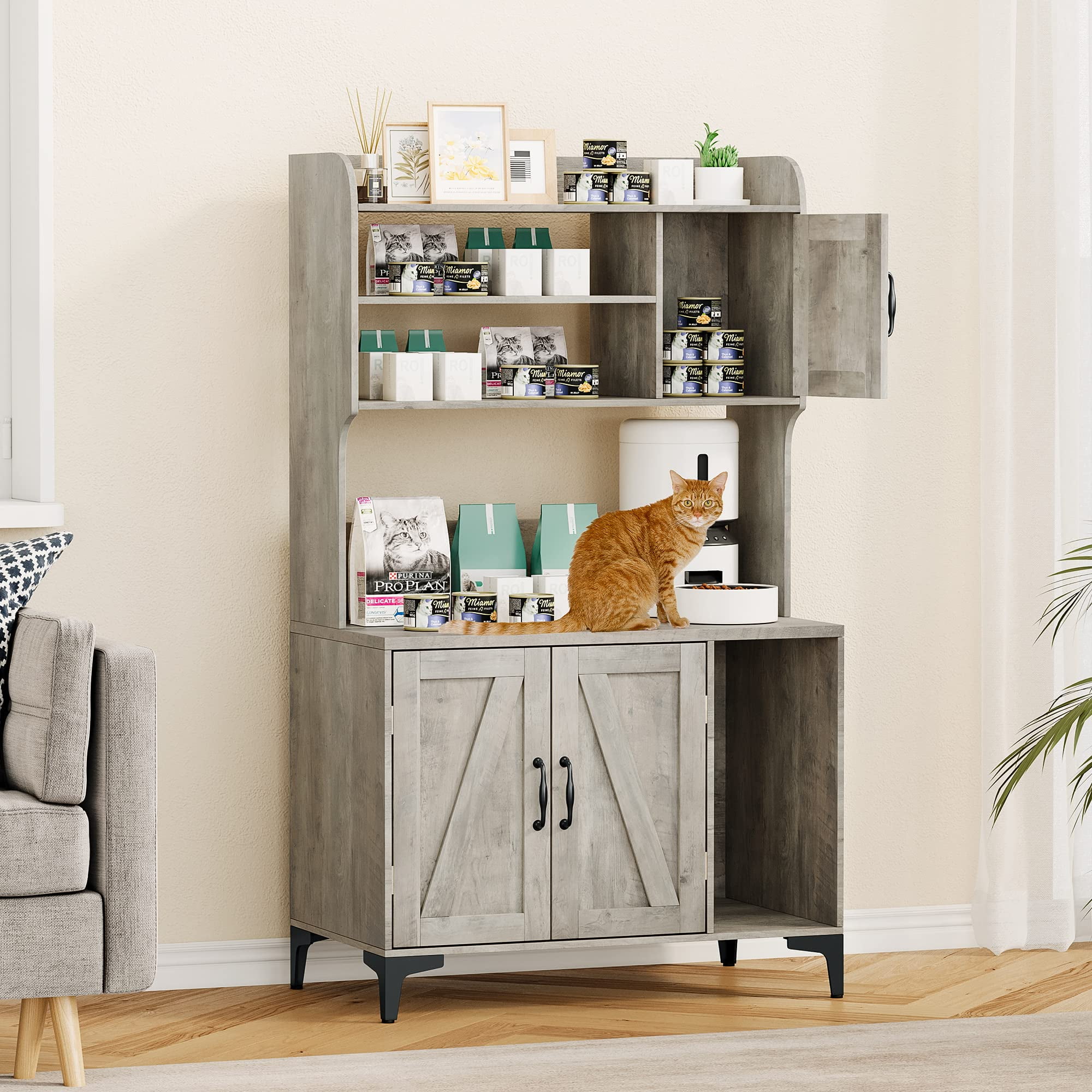 AOILE Hidden Cat Litter Box Furniture with Storage Shelves & Doors, Large Cat Washroom Cabinet
