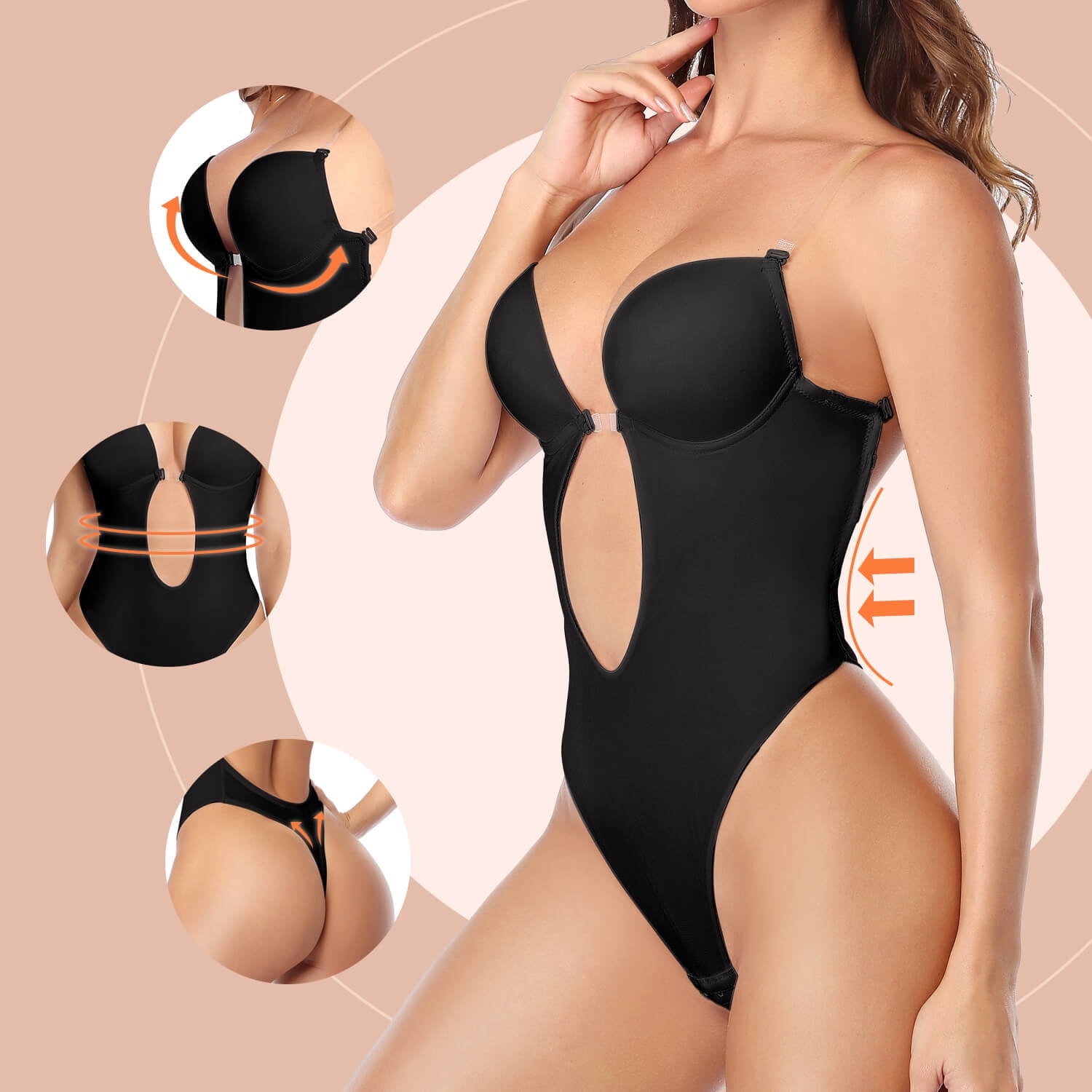 Women Shapewear Backless Body Bra Shaper Plus Size Plunge Invishaper Low Back Thong Bodysuits Open Crotch Daily Use