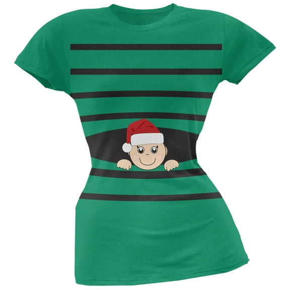 Striped Peeking Christmas Santa Hat Baby Green Soft Juniors T-Shirt - Medium