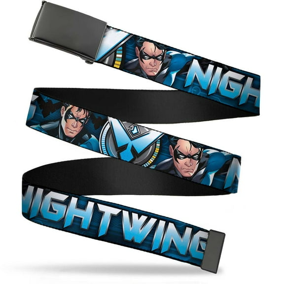 Adjustable Belt, Clamp Buckle, Cut-to-Fit, Nightwing Poses Logo Black Blues
