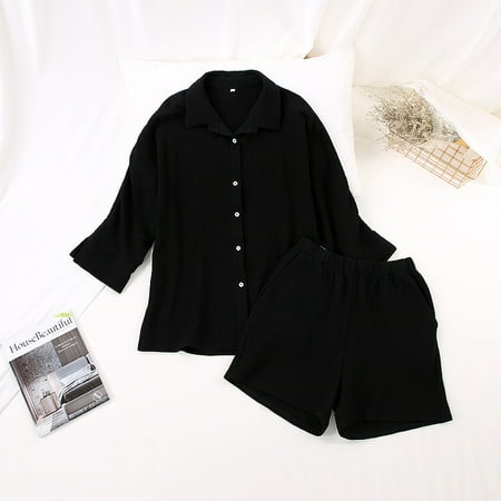 

Casual Sleepwear Cotton Pajamas For Women Sets Suit Turn-Down Collar Nine Quarter Sleeve Sleep Tops Shorts Female Homewear