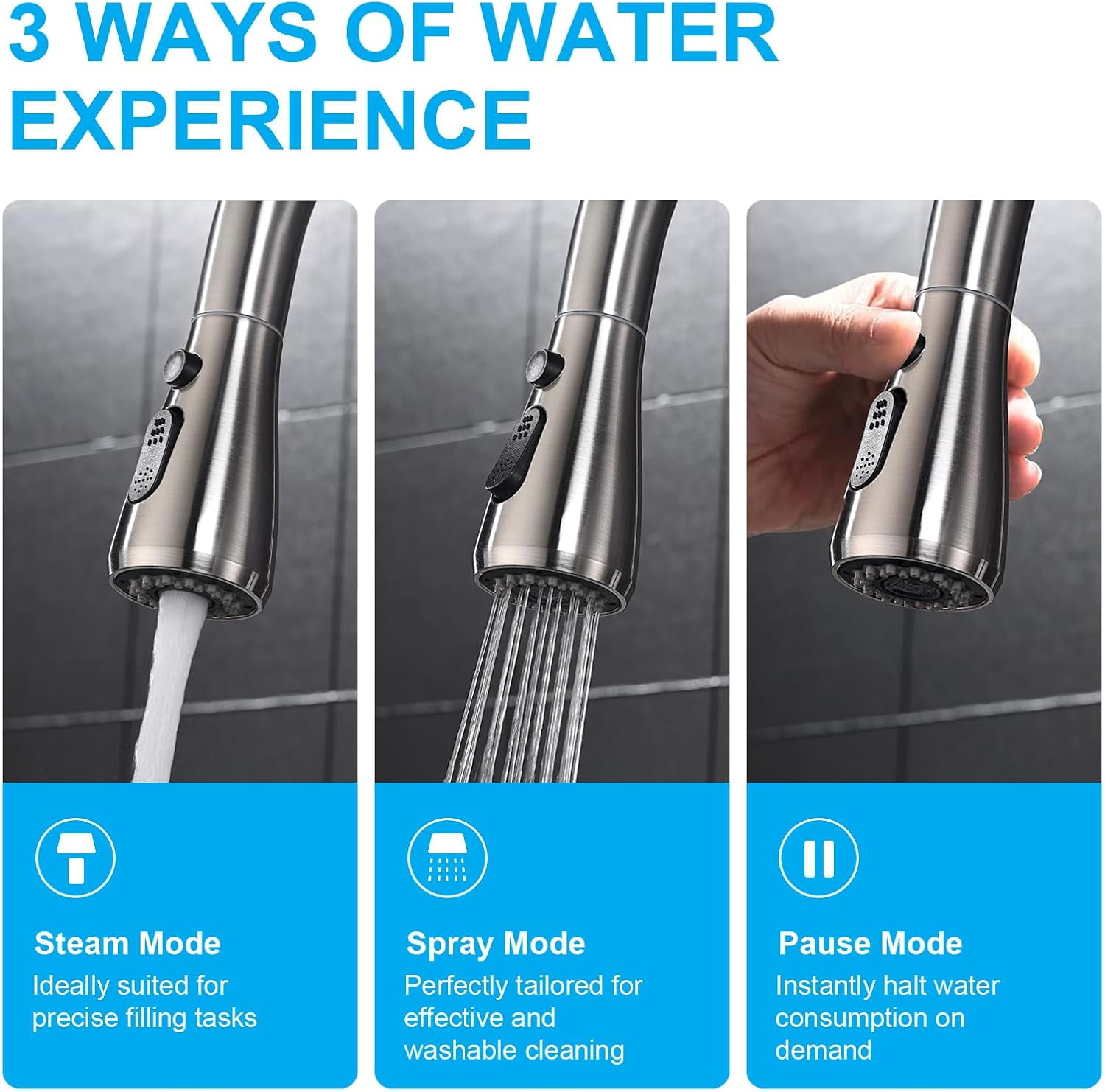 Kitchen Faucets with Pull Down Sprayer (3 Modes), Brushed Nickel Kitchen Faucet Single Hole, Single Handle Kitchen Sink Faucet, High Arc 304 SUS Stainless Steel Faucet for Kitchen, Bar, RV