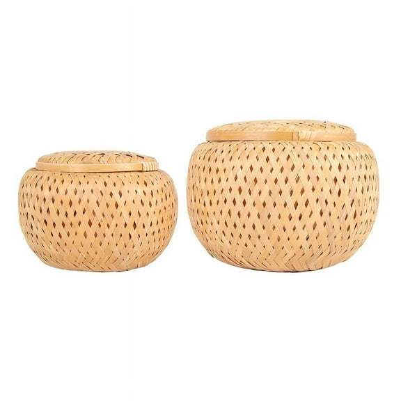 Set of 2 Small Decorative Bamboo Baskets with Lid for Storing Items Handmade and Braided Storage Box