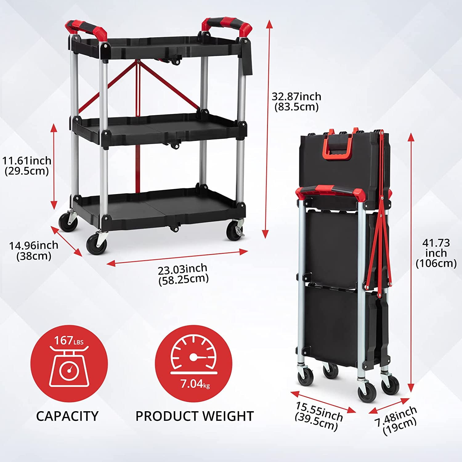 Collapsible 3-Tier Rolling Utility Cart Lockable Wheels Collapsible, Heavy-Duty Service Cart 56 lbs Per Shelf, Ideal for Home, Office, Garage, Warehouse
