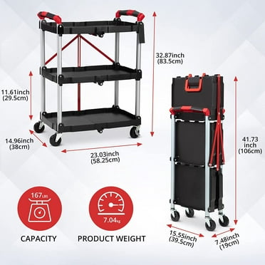 3-Tier Portable Folding Utility Cart, Collapsible Service Cart for Office, Warehouse, and Home, 56 Lbs Load Capacity per Shelf (Black & Red)