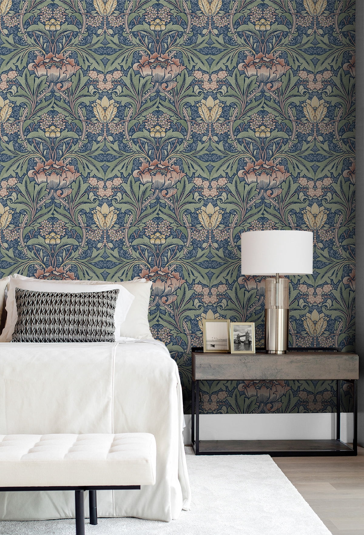 Seabrook Designs  Acanthus Floral Prepasted Wallpaper 20.5 in. W x 33 ft. L - Denim Blue & Salmon