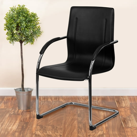 BizChair 4 Pack Black Vinyl Side Reception Chair with Chrome Sled Base