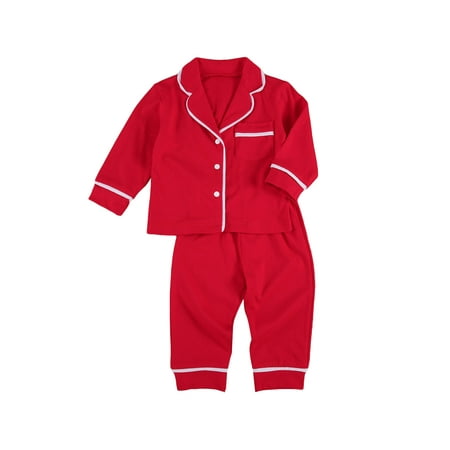 

Kids Cotton Buttoned Pajamas Set Unisex Long Sleeve Sleepwear Nightdress for Boys Girls Tops Pants Cotton Sleepwear