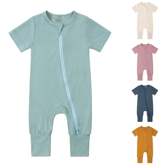 YHAJDS Baby Boys Girls Short Sleeve Solid Zip Front Jumpsuit Romper Summer Cotton Sleepwear Loungewear