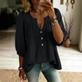 thumbnail image 2 of Women's V Neck 3/4 Sleeve Tops Casual Summer T Shirts Loose Fit Button Vacation Blouses Tops by Yigetop Black L, 2 of 8