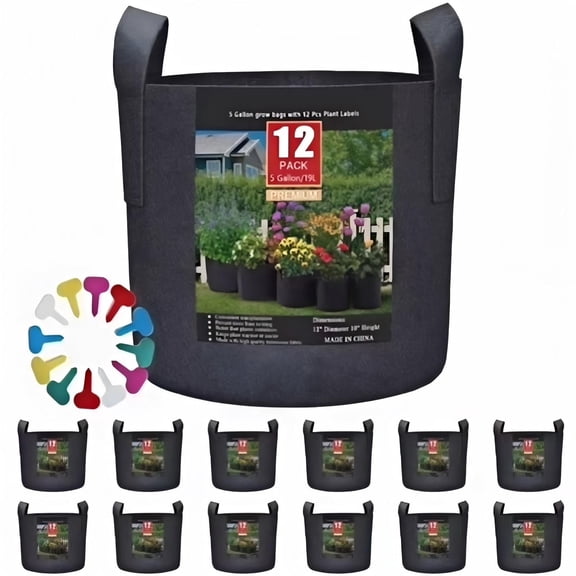 12-pack 5 Gallon Black Garden Grow Bags, Aeration Fabric Pots with Handles for Vegetables Flowers