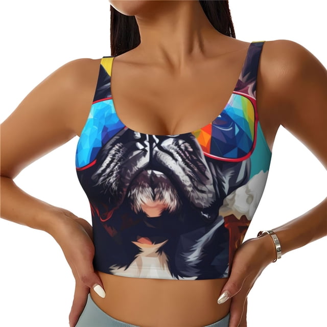 Fotbe Rainbow Bulldog Sunglasses Sujetador Deportivo Largo sin Aros para Mujer con Almohadillas y Soporte Medio, Transpirable y Absorbente, Camiseta Tipo Chaleco o Tank Top-X-Large