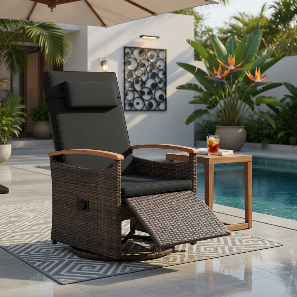Hommoo 360° Swivel Outdoor Recliner Chair with Adjustable Backrest & Footrest, PE Rattan Patio Seating for Backyard, Porch, Poolside, Black