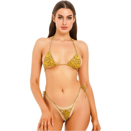 Zaldita Womens Handmade Micro Bikini Set Crochet G Thong String Hollow Out Lingerie Sets Bathing Swimsuit Yellow M