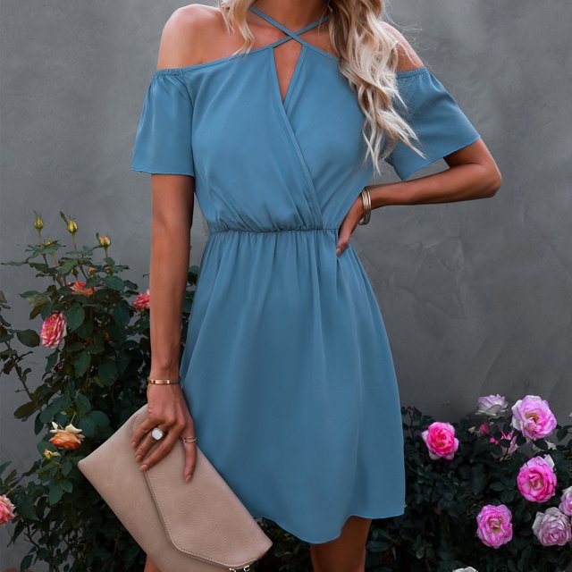 Vestido De Mujer, Moda Causal, Vestido Con Hombros Descubiertos, Color Puro, Cómodo Para El Verano