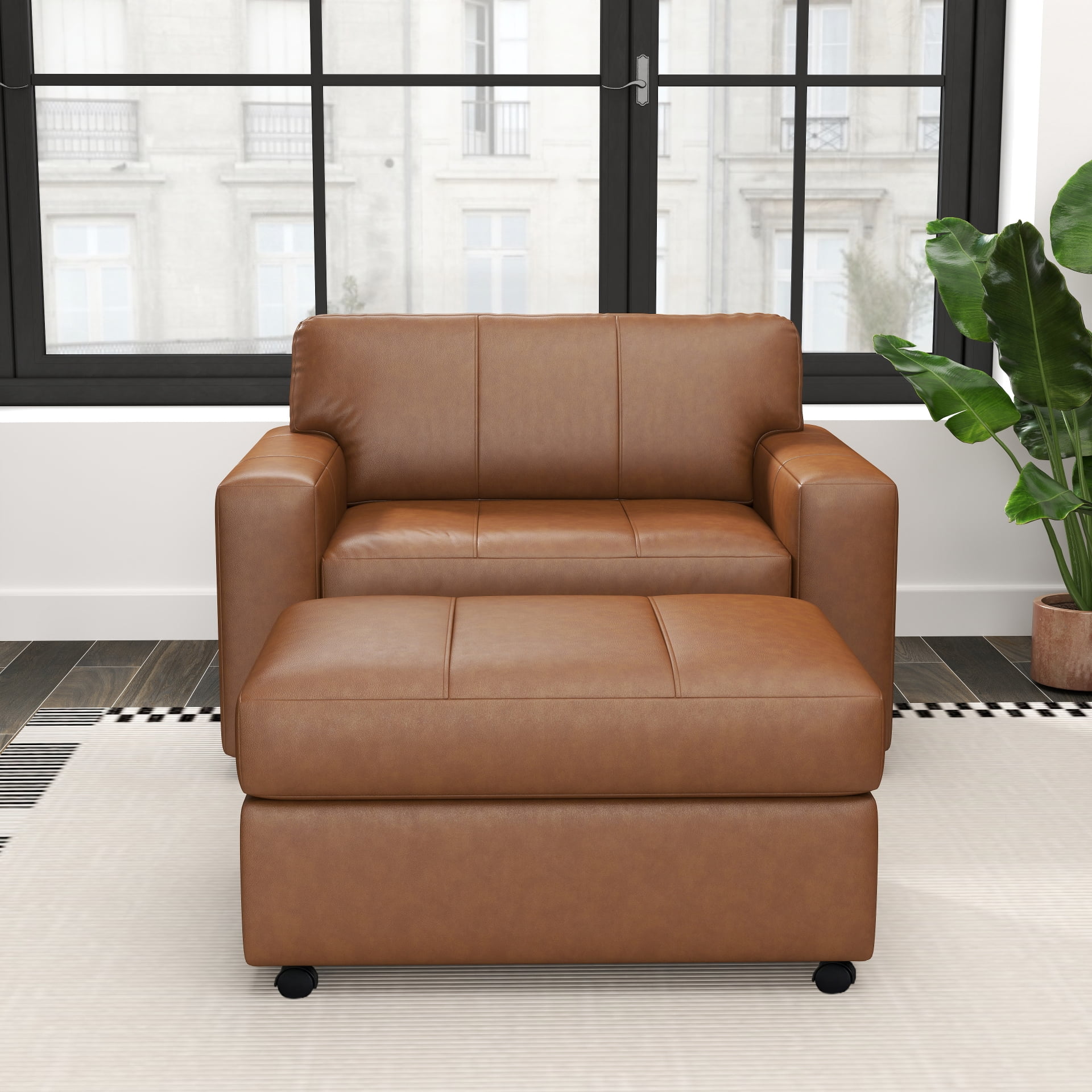 Roundhill Furniture Sakan Leather Upholstered 2-Piece Living Room Set, Cutler Chair and Ottoman