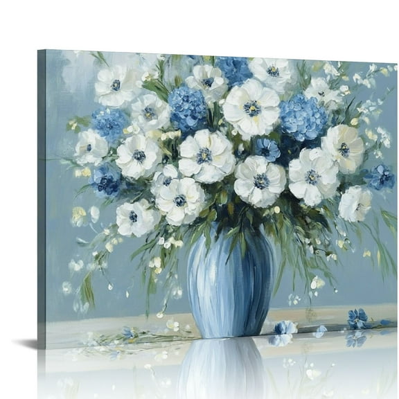 Vintage Flowers Canvas Wall Art Blue White Blossom Canvas Painting Retro Flowers in Vase Canvas Pictures Blue Ocean Background Artwork Prints for Bathroom Bedroom Wall Decor