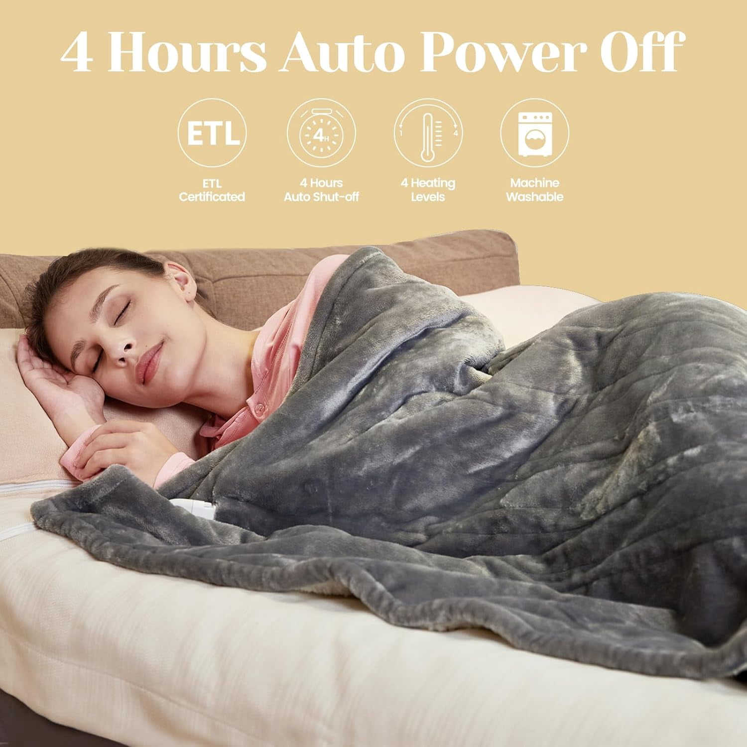 CozyTouch Heated Blanket Electric - 50''x60'' Heating Blanket Throw 4 Hours Auto-Off & 4 Heating Levels Over-Heat Protection, Machine Washable Flannel Sherpa