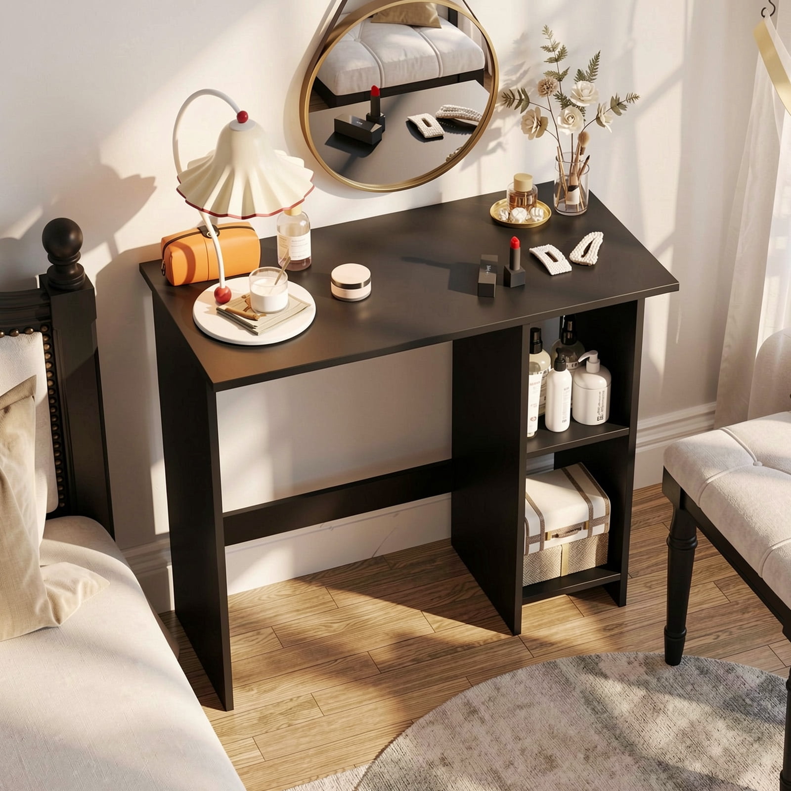 Furnibear Small Computer Writing Desk with 3-Position Adjustable Storage Shelf, Anti-Toppling Device and Reinforced Crossbar Black