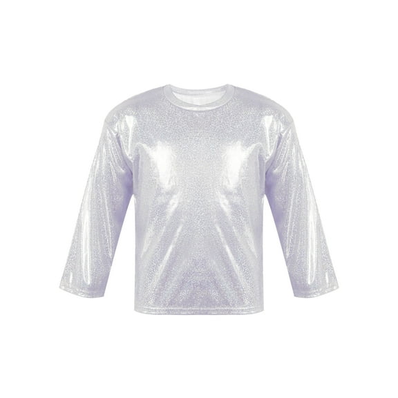 Yartina Kids Girls Shiny Metallic Jazz Hip Hop Dance T-Shirt Long Sleeve Loose Tops for Stage Club Silver 140